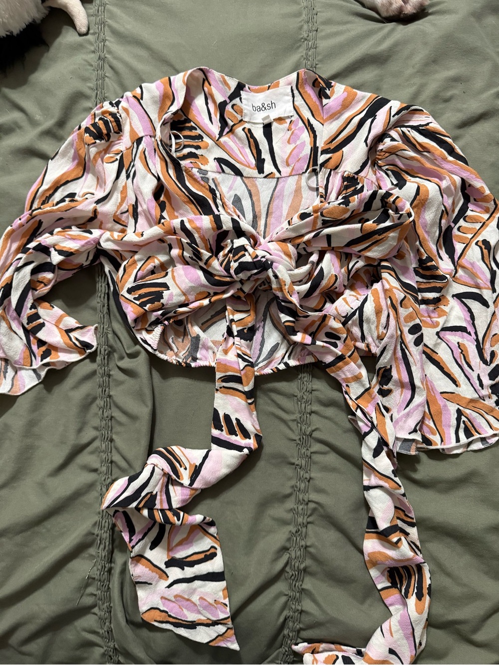 ba&sh Pink, Black & Tan Abstract Tie-Front Crop Top